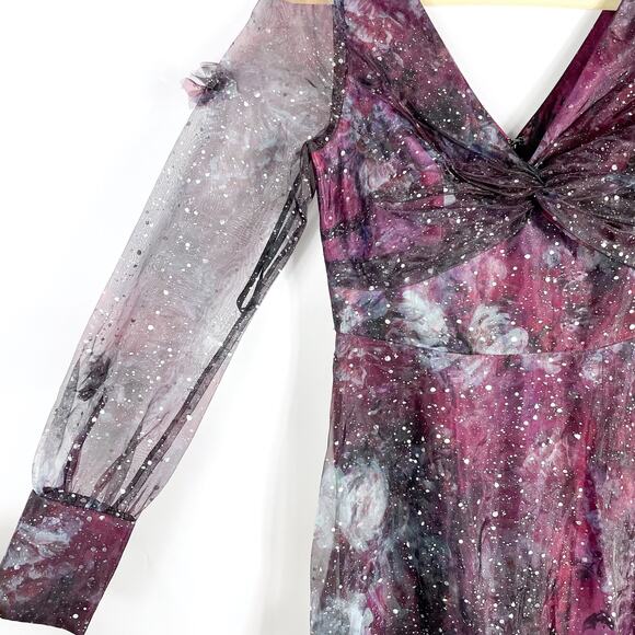 Marchesa Gown 3D Floral Purple Black Printed Organza Foiled Long Sleeve Sz 6 - Picture 7 of 13